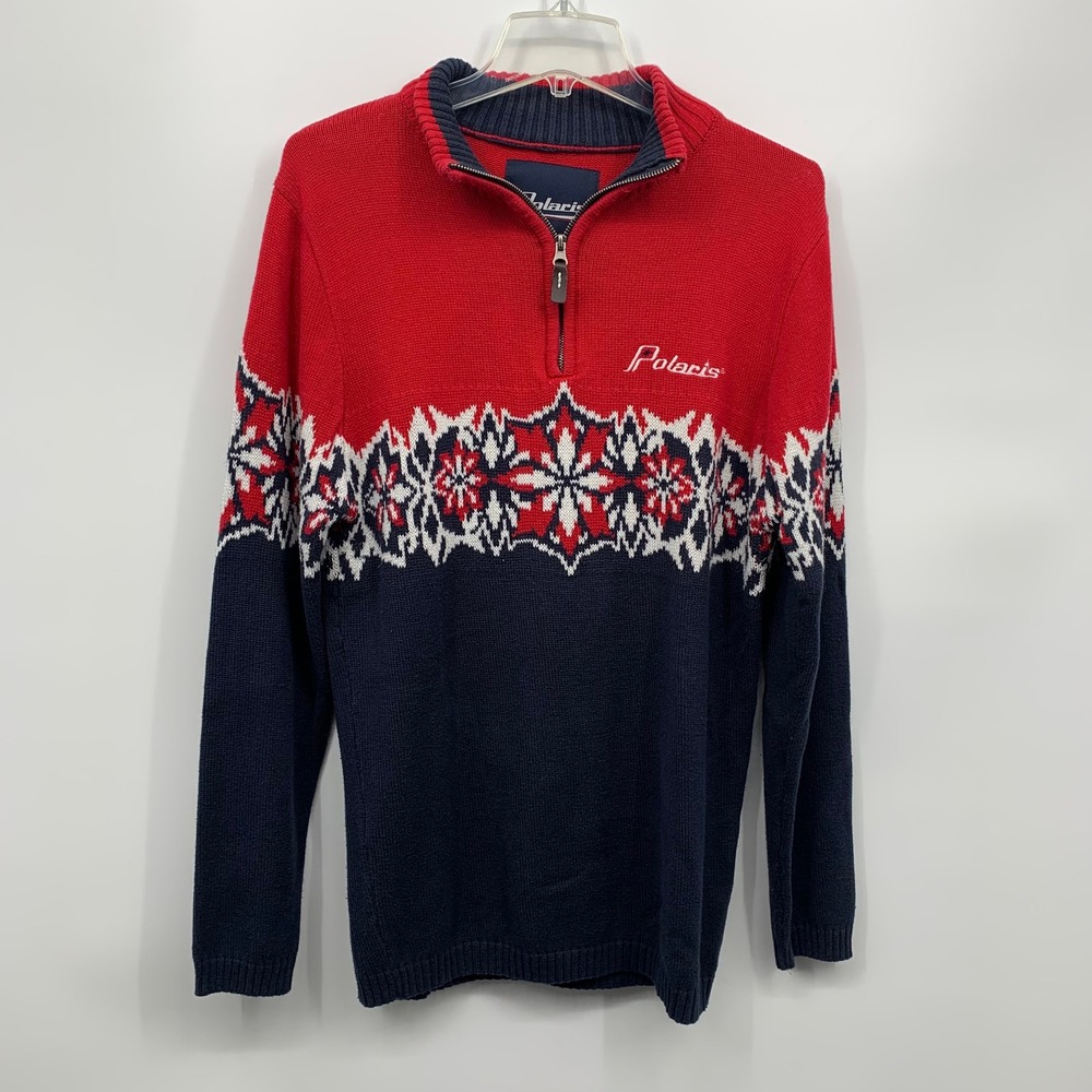 Polaris Quarter Zip Sweater Mens Medium Red Navy Blue Fair Isle Snowflake Knit